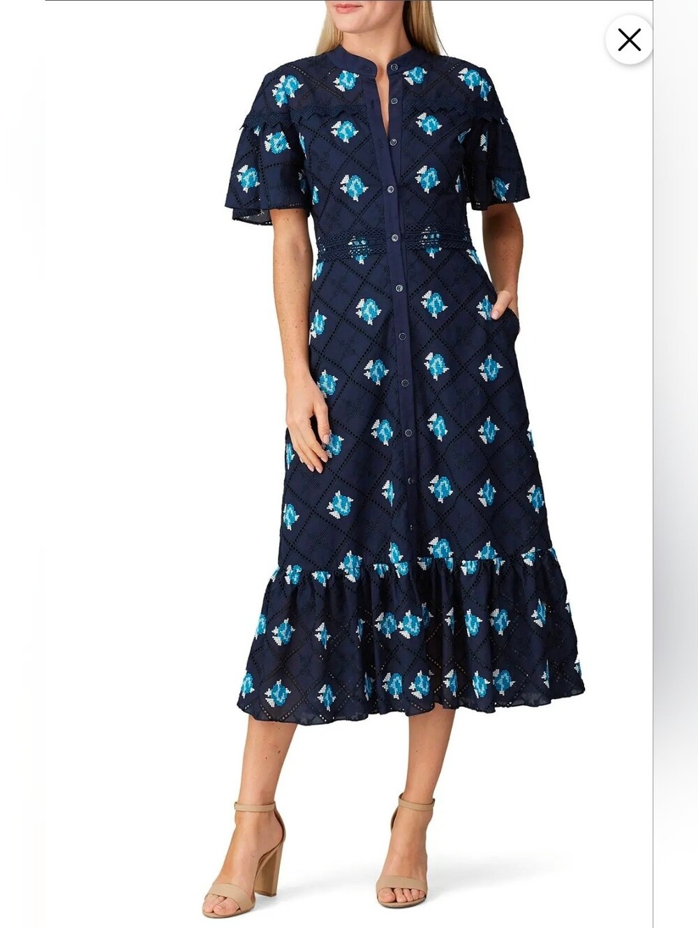 Shoshanna Almendra Navy Blue Eyelet Embroidered Midi Shirtdress Size 10